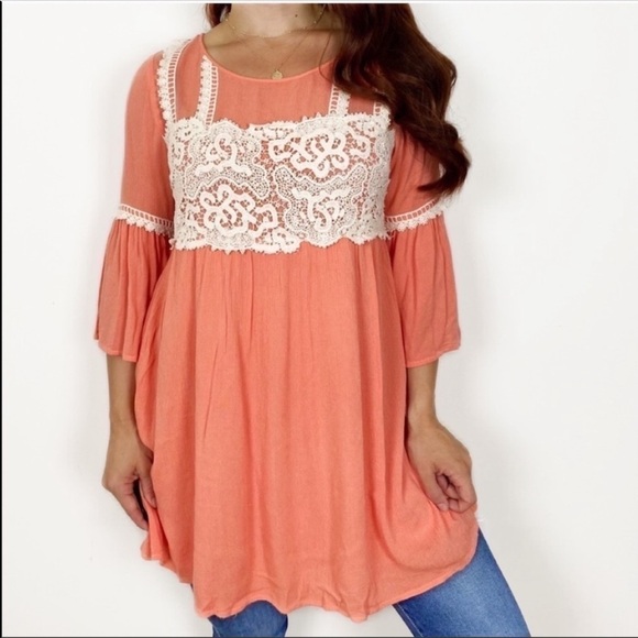 ENTRO Coral Crochet Lace Embroidered Oversized Tunic Dress Boho Bell Sleeves Sm - Picture 1 of 7